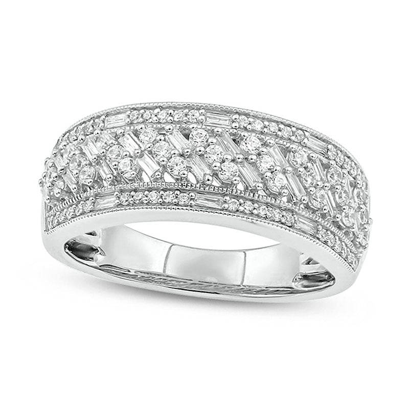 0.50 CT. T.W. Baguette and Round Natural Diamond Multi-Row Antique Vintage-Style Ring in Solid 10K White Gold