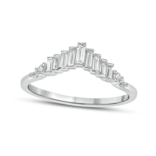 0.20 CT. T.W. Baguette and Round Natural Diamond Chevron Ring in Solid 10K White Gold