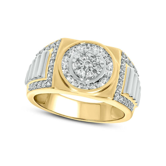 Men's 1.0 CT. T.W. Composite Natural Diamond Frame Ribbed Shank Signet Ring in Solid 10K Two-Toned Gold