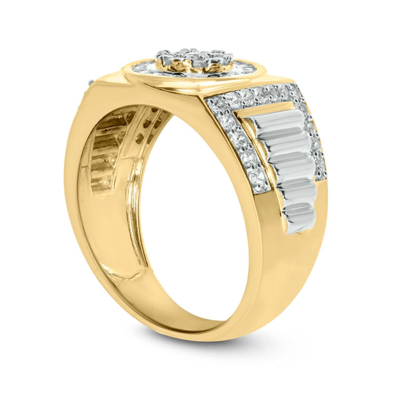 Men's 1.0 CT. T.W. Composite Natural Diamond Frame Ribbed Shank Signet Ring in Solid 10K Two-Toned Gold
