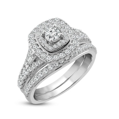 1.0 CT. T.W. Natural Diamond Double Cushion Frame Bridal Engagement Ring Set in Solid 10K White Gold