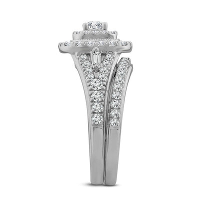 1.0 CT. T.W. Natural Diamond Double Cushion Frame Bridal Engagement Ring Set in Solid 10K White Gold