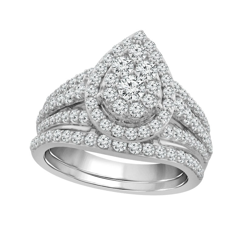 1.5 CT. T.W. Composite Pear Natural Diamond Frame Bridal Engagement Ring Set in Solid 10K White Gold