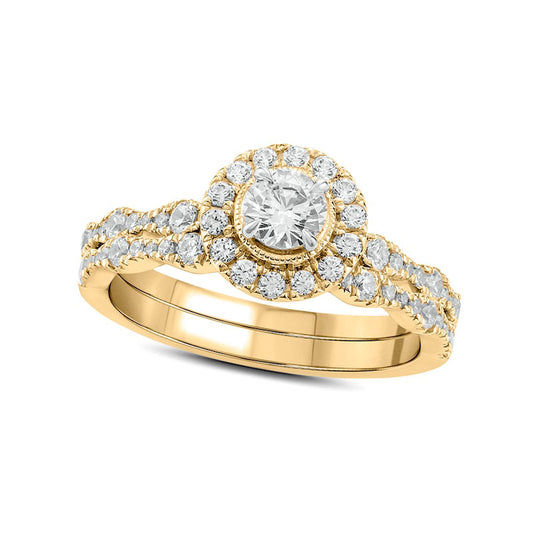 1.0 CT. T.W. Natural Diamond Frame Antique Vintage-Style Bridal Engagement Ring Set in Solid 10K Yellow Gold