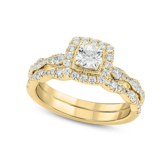 1.0 CT. T.W. Natural Diamond Cushion Frame Art Deco Antique Vintage-Style Bridal Engagement Ring Set in Solid 10K Yellow Gold