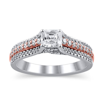1.0 CT. T.W. Princess-Cut Natural Diamond Multi-Row Engagement Ring in Solid 14K Two-Tone Gold