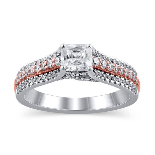 1.0 CT. T.W. Princess-Cut Natural Diamond Multi-Row Engagement Ring in Solid 14K Two-Tone Gold