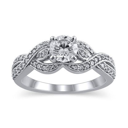 1.0 CT. T.W. Natural Diamond Twist Shank Antique Vintage-Style Engagement Ring in Solid 14K White Gold