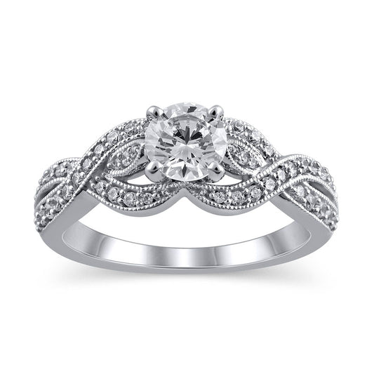 1.0 CT. T.W. Natural Diamond Twist Shank Antique Vintage-Style Engagement Ring in Solid 14K White Gold