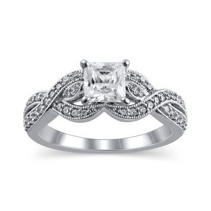 1.0 CT. T.W. Princess-Cut Natural Diamond Twist Shank Antique Vintage-Style Engagement Ring in Solid 14K White Gold