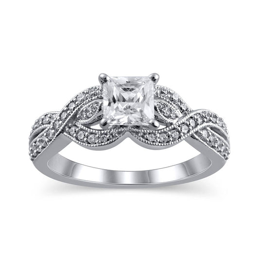 1.0 CT. T.W. Princess-Cut Natural Diamond Twist Shank Antique Vintage-Style Engagement Ring in Solid 14K White Gold