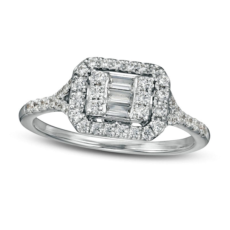 0.50 CT. T.W. Baguette and Round Natural Diamond Sideways Rectangle Ring in Solid 10K White Gold