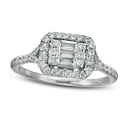 0.50 CT. T.W. Baguette and Round Natural Diamond Sideways Rectangle Ring in Solid 10K White Gold