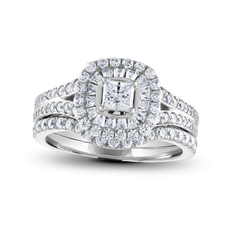 1.25 CT. T.W. Princess-Cut Natural Diamond Double Cushion Frame Bridal Engagement Ring Set in Solid 14K White Gold