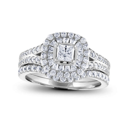 1.25 CT. T.W. Princess-Cut Natural Diamond Double Cushion Frame Bridal Engagement Ring Set in Solid 14K White Gold