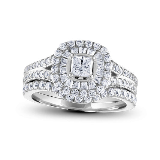 1.25 CT. T.W. Princess-Cut Natural Diamond Double Cushion Frame Bridal Engagement Ring Set in Solid 14K White Gold