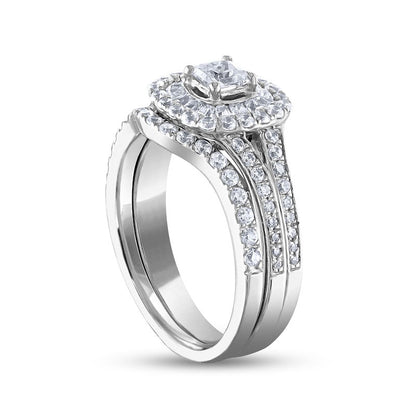 1.25 CT. T.W. Princess-Cut Natural Diamond Double Cushion Frame Bridal Engagement Ring Set in Solid 14K White Gold