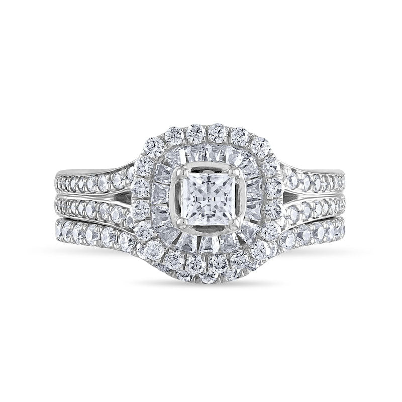 1.25 CT. T.W. Princess-Cut Natural Diamond Double Cushion Frame Bridal Engagement Ring Set in Solid 14K White Gold
