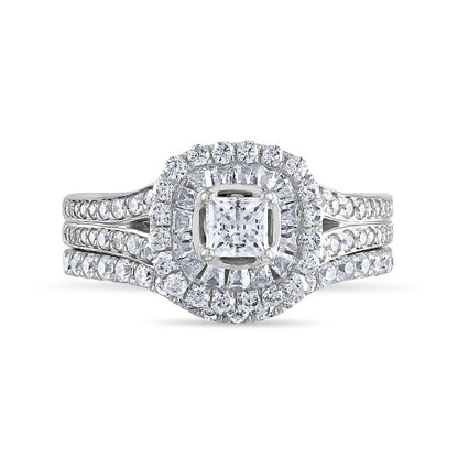 1.25 CT. T.W. Princess-Cut Natural Diamond Double Cushion Frame Bridal Engagement Ring Set in Solid 14K White Gold
