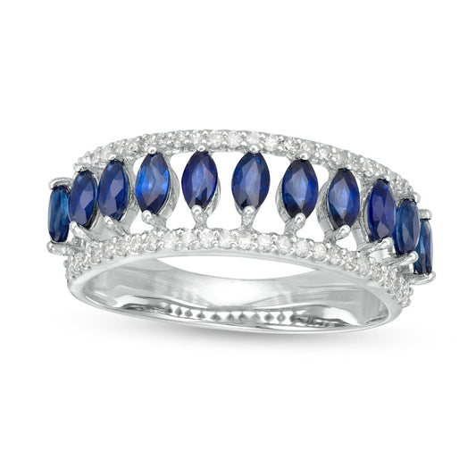 Marquise Blue Sapphire and White Topaz Border Triple Row Open Shank Ring in Solid 10K White Gold