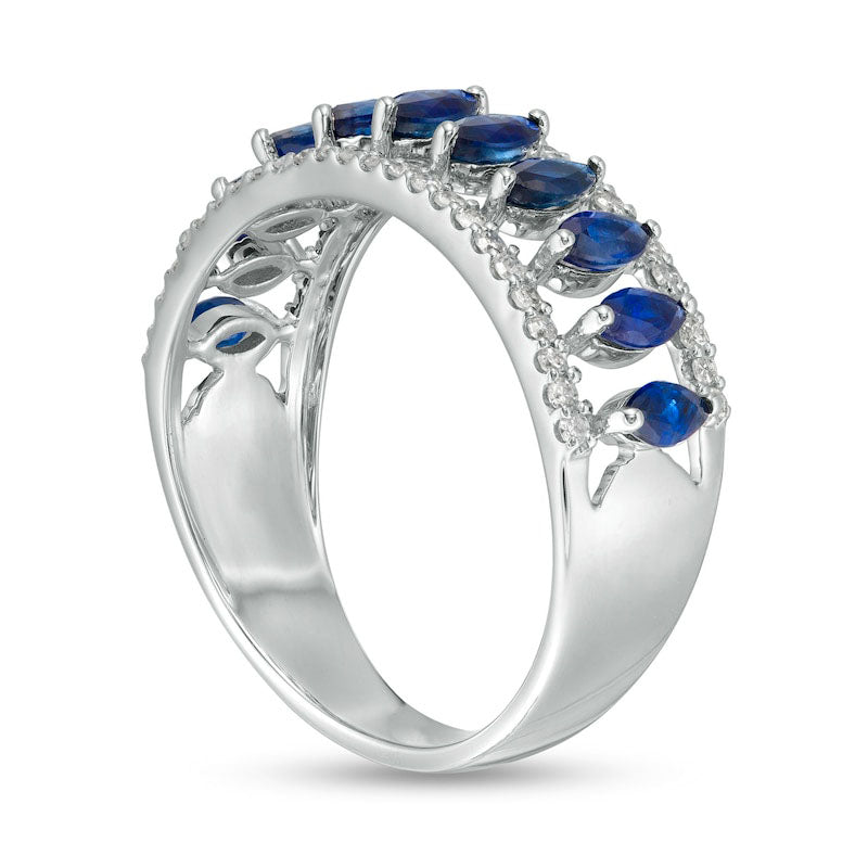 Marquise Blue Sapphire and White Topaz Border Triple Row Open Shank Ring in Solid 10K White Gold