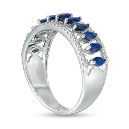 Marquise Blue Sapphire and White Topaz Border Triple Row Open Shank Ring in Solid 10K White Gold