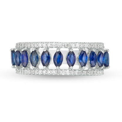 Marquise Blue Sapphire and White Topaz Border Triple Row Open Shank Ring in Solid 10K White Gold