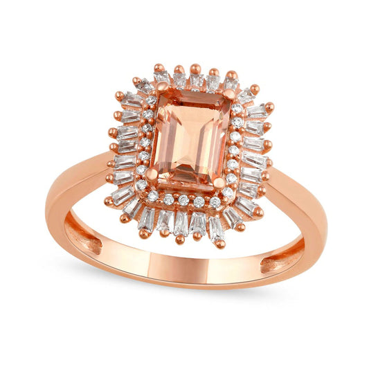 Emerald-Cut Morganite and 0.25 CT. T.W. Baguette and Round Natural Diamond Double Frame Ring in Solid 10K Rose Gold