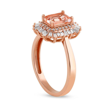Emerald-Cut Morganite and 0.25 CT. T.W. Baguette and Round Natural Diamond Double Frame Ring in Solid 10K Rose Gold