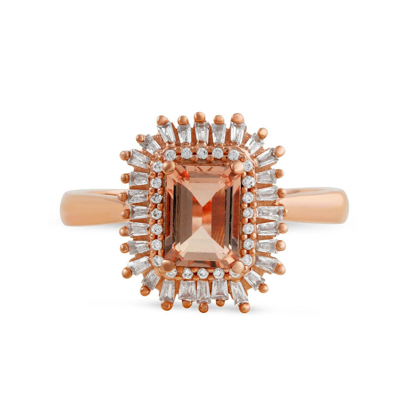 Emerald-Cut Morganite and 0.25 CT. T.W. Baguette and Round Natural Diamond Double Frame Ring in Solid 10K Rose Gold