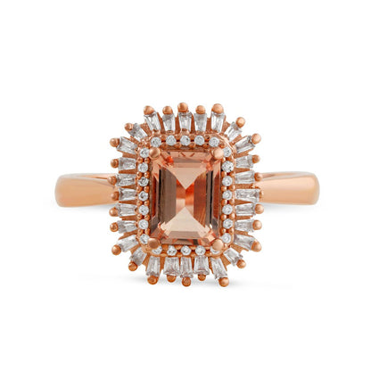Emerald-Cut Morganite and 0.25 CT. T.W. Baguette and Round Natural Diamond Double Frame Ring in Solid 10K Rose Gold