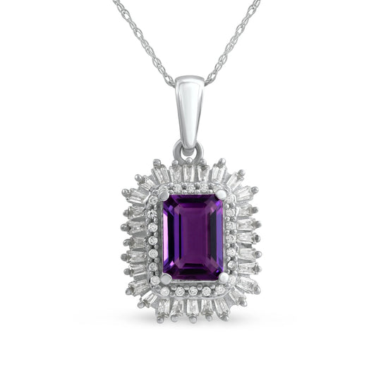 Emerald-Cut Amethyst and 0.25 CT. T.W. Baguette and Round Natural Diamond Double Frame Pendant in 10K White Gold
