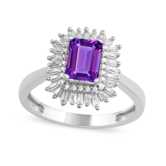 Emerald-Cut Amethyst and 0.25 CT. T.W. Baguette and Round Natural Diamond Double Frame Ring in Solid 10K White Gold