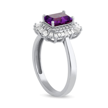 Emerald-Cut Amethyst and 0.25 CT. T.W. Baguette and Round Natural Diamond Double Frame Ring in Solid 10K White Gold