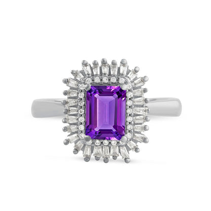 Emerald-Cut Amethyst and 0.25 CT. T.W. Baguette and Round Natural Diamond Double Frame Ring in Solid 10K White Gold