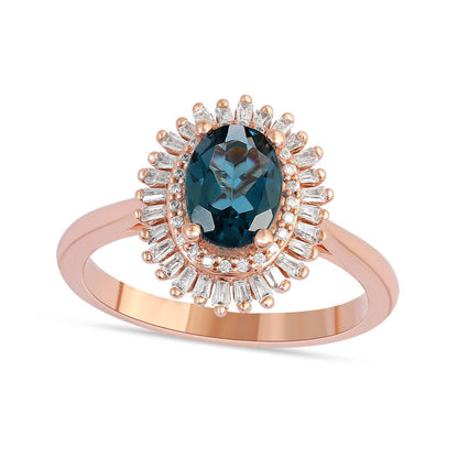 Oval London Blue Topaz and 0.25 CT. T.W. Baguette and Round Natural Diamond Double Frame Ring in Solid 10K Rose Gold