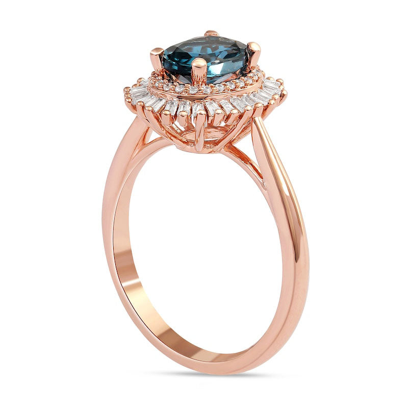 Oval London Blue Topaz and 0.25 CT. T.W. Baguette and Round Natural Diamond Double Frame Ring in Solid 10K Rose Gold