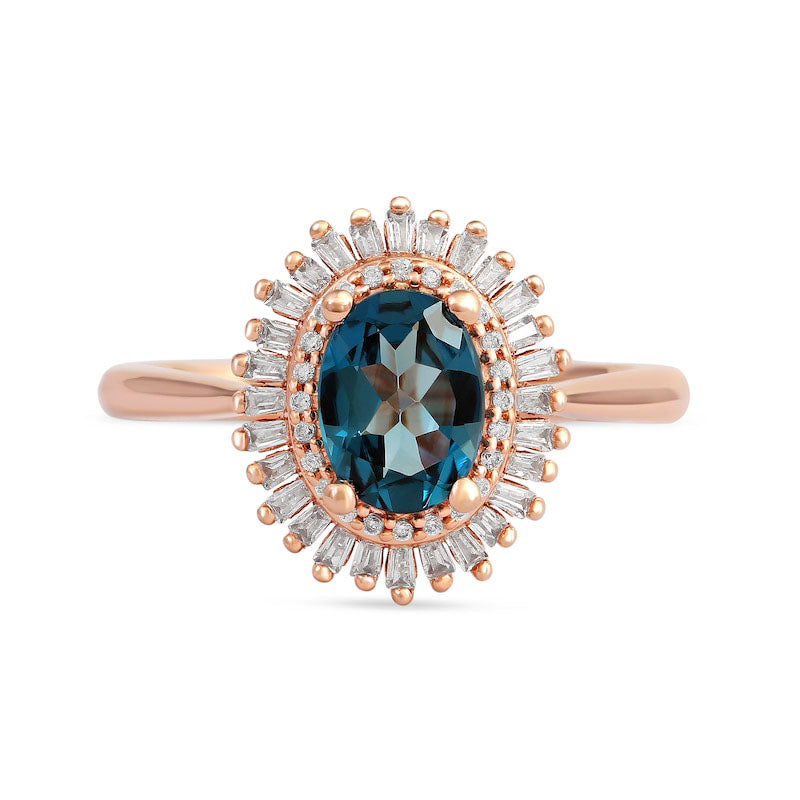 Oval London Blue Topaz and 0.25 CT. T.W. Baguette and Round Natural Diamond Double Frame Ring in Solid 10K Rose Gold