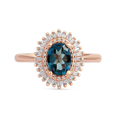 Oval London Blue Topaz and 0.25 CT. T.W. Baguette and Round Natural Diamond Double Frame Ring in Solid 10K Rose Gold
