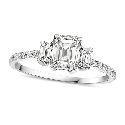 1.13 CT. T.W. Emerald-Cut Natural Diamond Three Stone Engagement Ring in Solid 14K White Gold