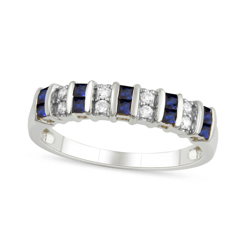 Princess-Cut Blue Sapphire and 0.10 CT. T.W. Natural Diamond Alternating Duos Ring in Solid 10K White Gold