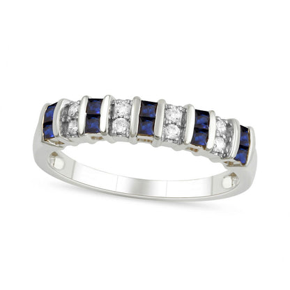 Princess-Cut Blue Sapphire and 0.10 CT. T.W. Natural Diamond Alternating Duos Ring in Solid 10K White Gold