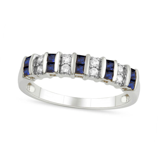 Princess-Cut Blue Sapphire and 0.10 CT. T.W. Natural Diamond Alternating Duos Ring in Solid 10K White Gold