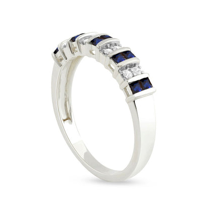 Princess-Cut Blue Sapphire and 0.10 CT. T.W. Natural Diamond Alternating Duos Ring in Solid 10K White Gold