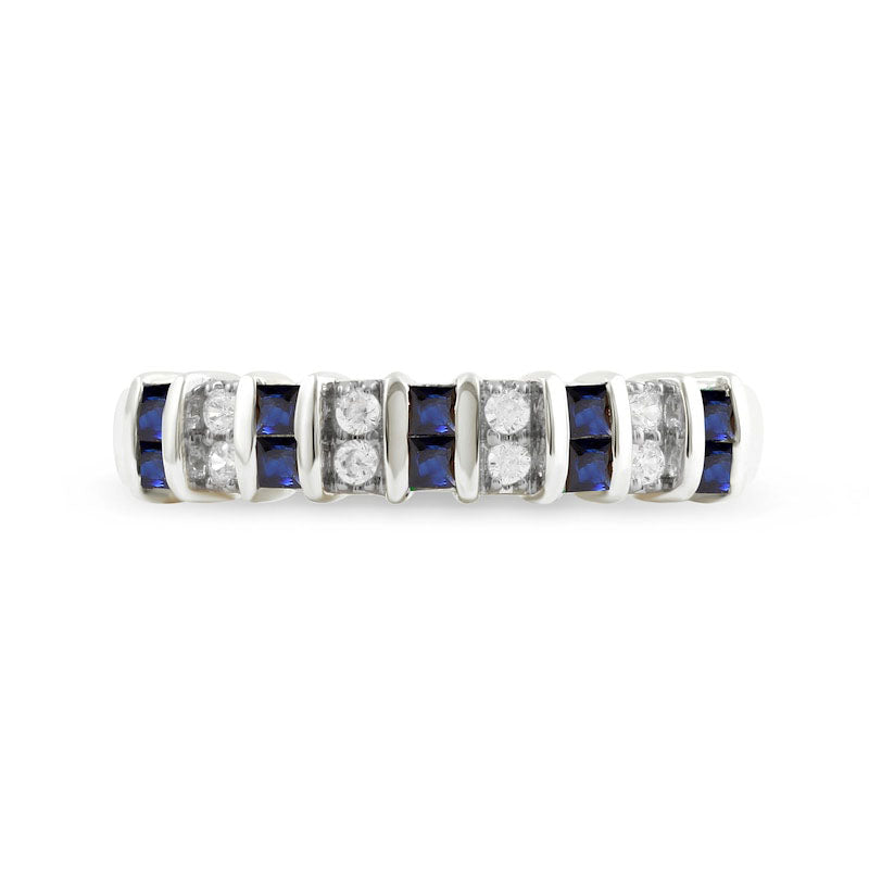 Princess-Cut Blue Sapphire and 0.10 CT. T.W. Natural Diamond Alternating Duos Ring in Solid 10K White Gold