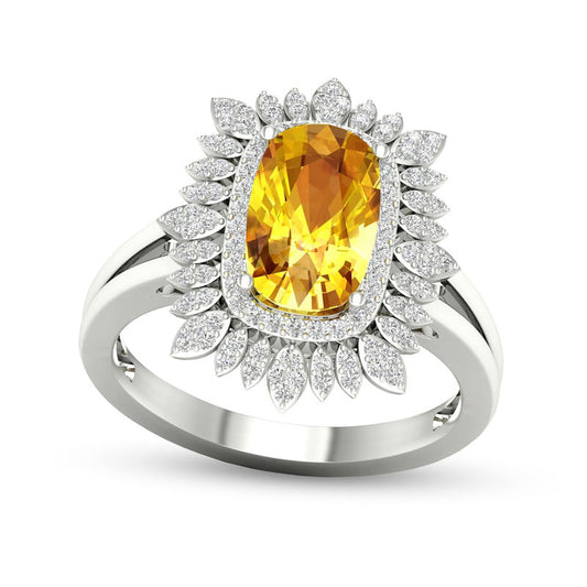 Cushion-Cut Citrine and White Topaz Frame Split Shank Sunflower Ring in Solid 10K White Gold