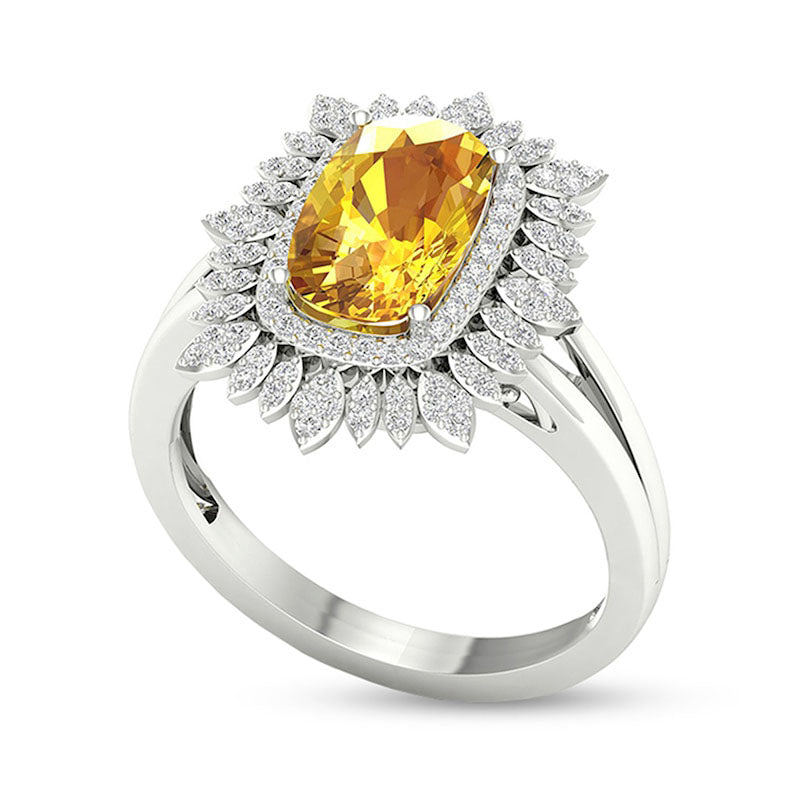 Cushion-Cut Citrine and White Topaz Frame Split Shank Sunflower Ring in Solid 10K White Gold