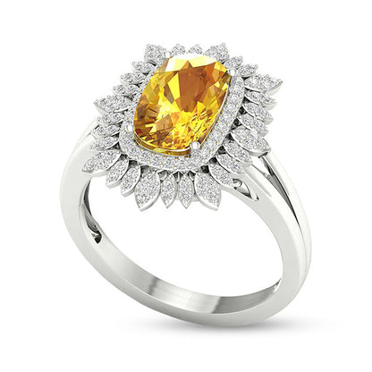 Cushion-Cut Citrine and White Topaz Frame Split Shank Sunflower Ring in Solid 10K White Gold