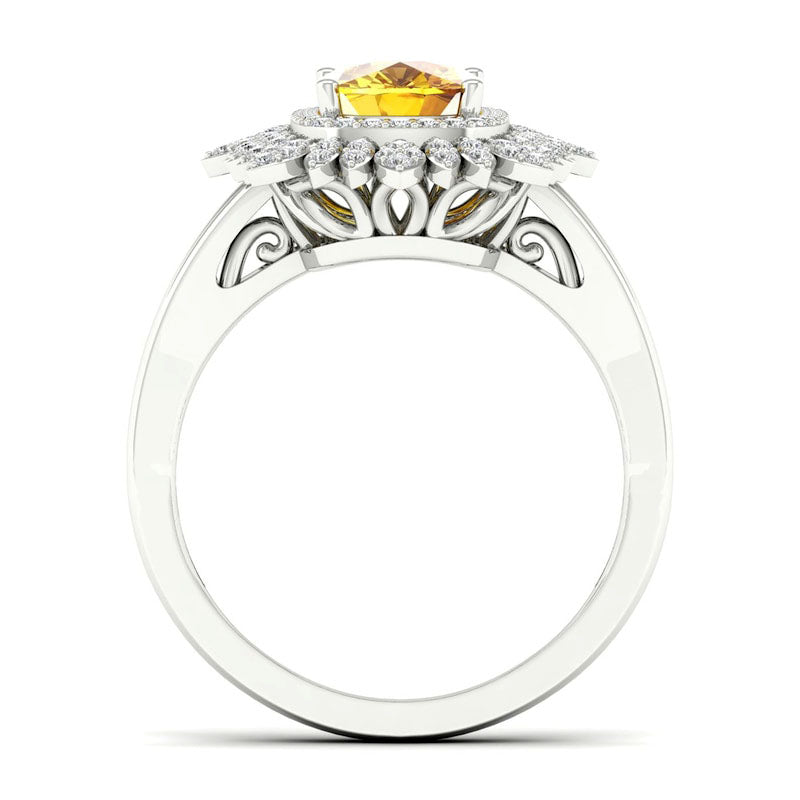 Cushion-Cut Citrine and White Topaz Frame Split Shank Sunflower Ring in Solid 10K White Gold