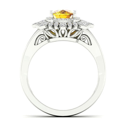 Cushion-Cut Citrine and White Topaz Frame Split Shank Sunflower Ring in Solid 10K White Gold